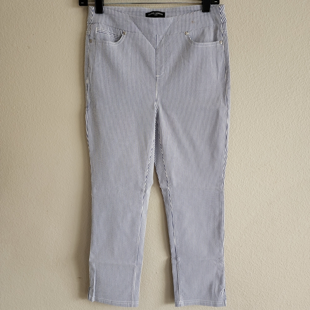 Mario Serrani Italy Women's Smal Blue White Pinstripe Stretch Pull-On Capri Pant